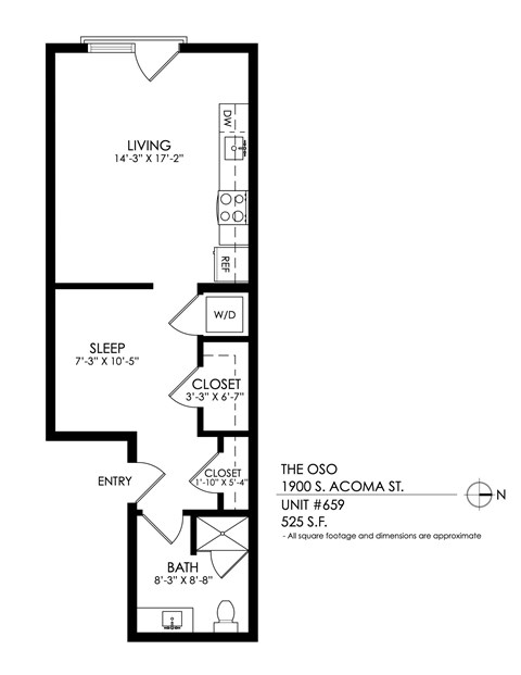 Floor plan for 1 bed, 1 bath, 525 sqft